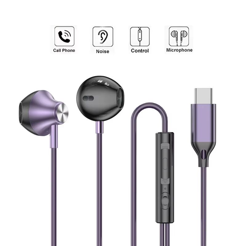 Type C Wired Earphones With Mic - Cuffia cablata in-ear Auricolare musicale HiFi