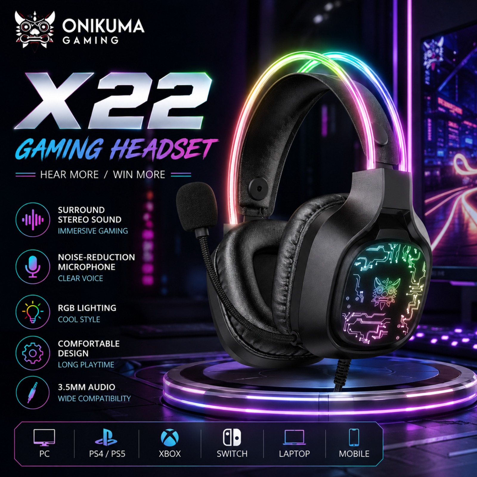 Gaming Headset With Mic Rgb - Cuffie da gioco cablate ONIKUMA X22