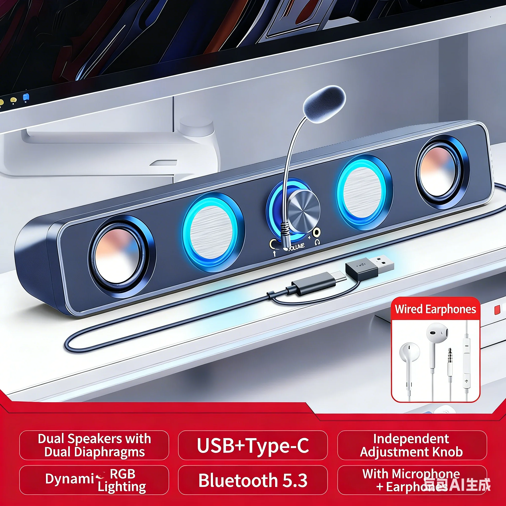 Rgb Computer Soundbar For Pc - Sistema di Altoparlanti Home Theater, Soundbar